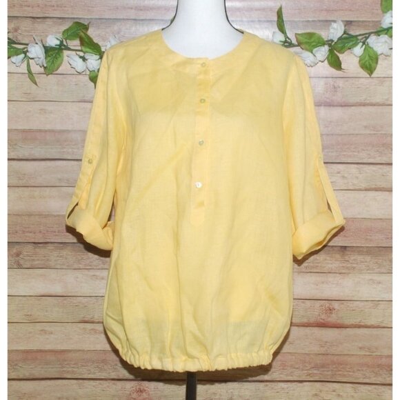 Lafayette 148 Linen Ladies Yellow Top Blouse Size 12 Roll Tabs Elastic Waist - Picture 1 of 9